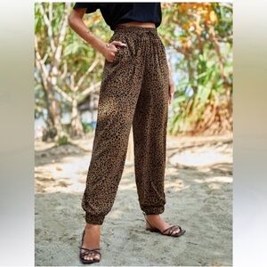 Emily Rose Leopard Animal Print Jogger Pants Sz M Black Brown Elastic Waistband